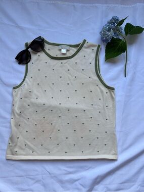 Christopher & Banks Cream Tank Top with Green Trim and Dot Pattern